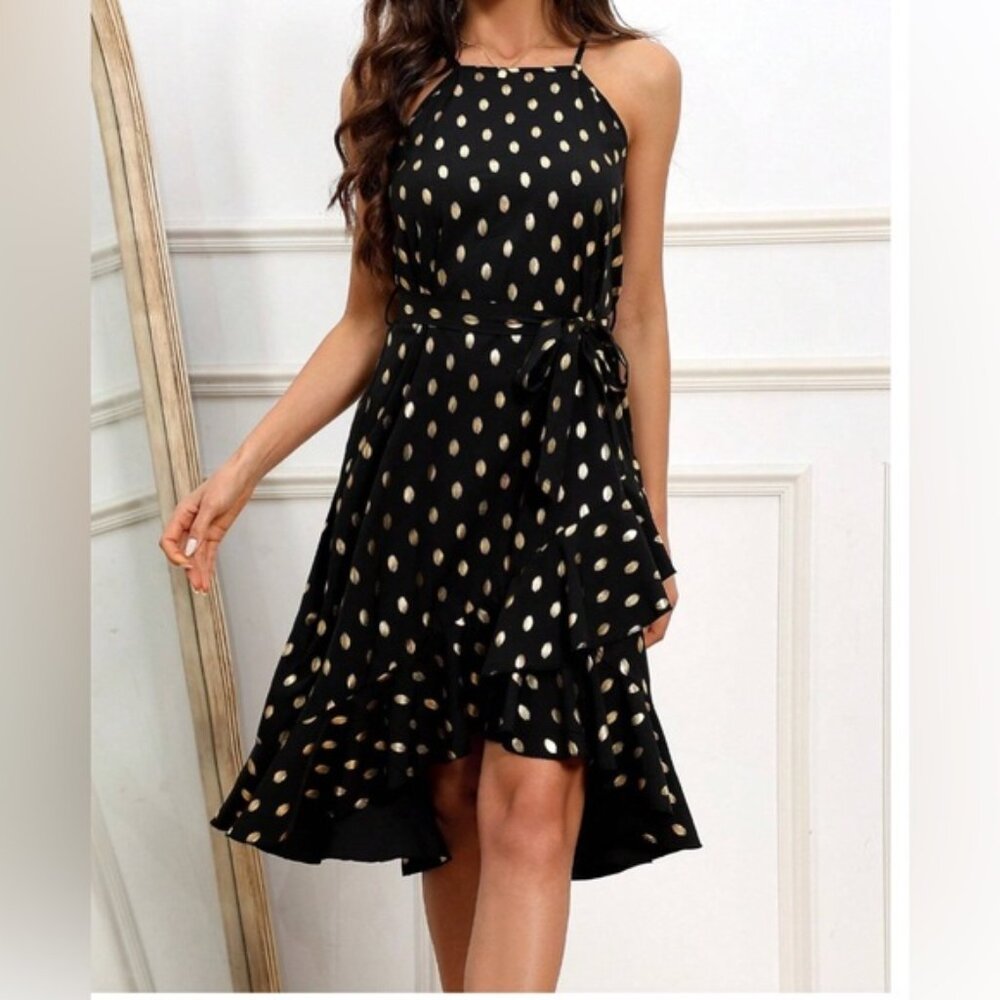 Gold Dot Ruffled High Low Halter Dress Black